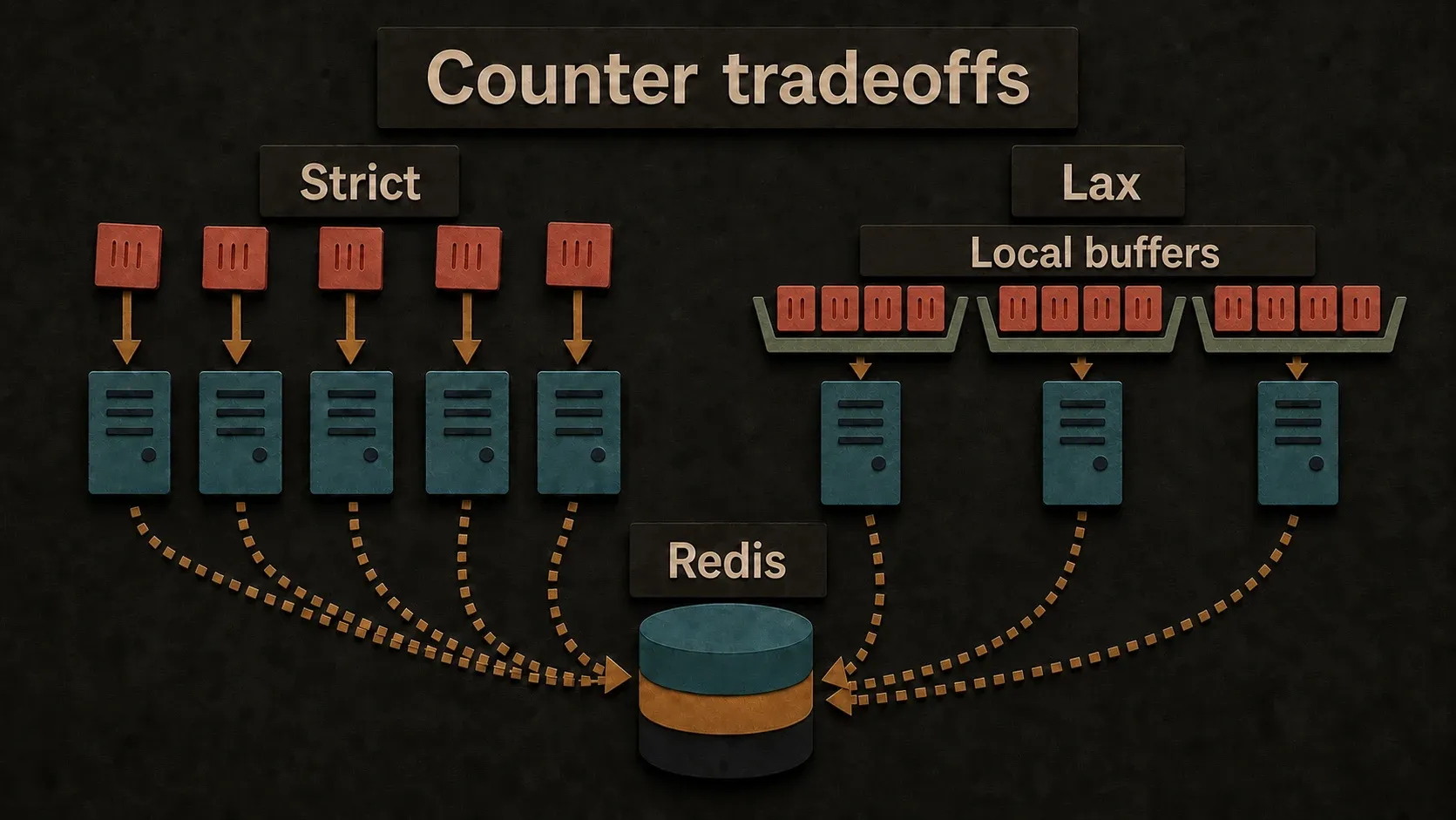 Strict counters send every operation to Redis while lax counters buffer writes before flushing