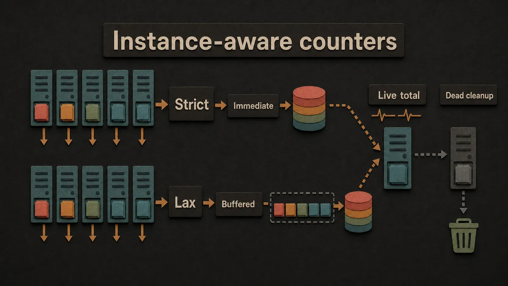 Strict and lax instance-aware counters combine live slices and remove dead instances