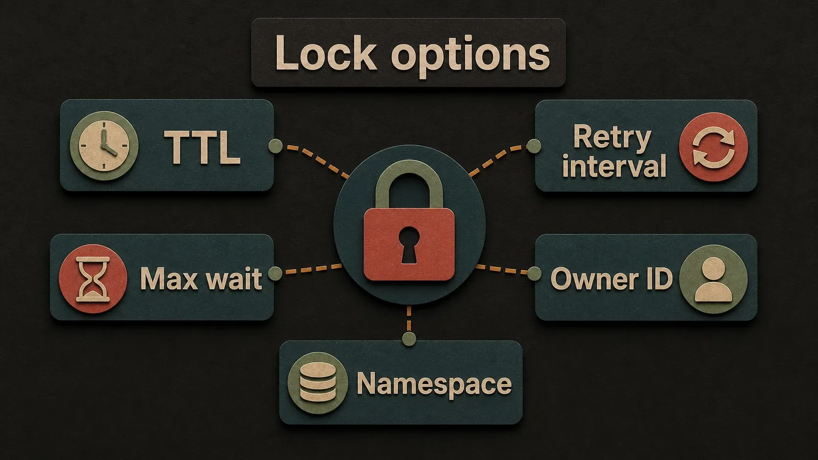 Lock options configure lease duration, retries, wait limits, owner identity, and namespace