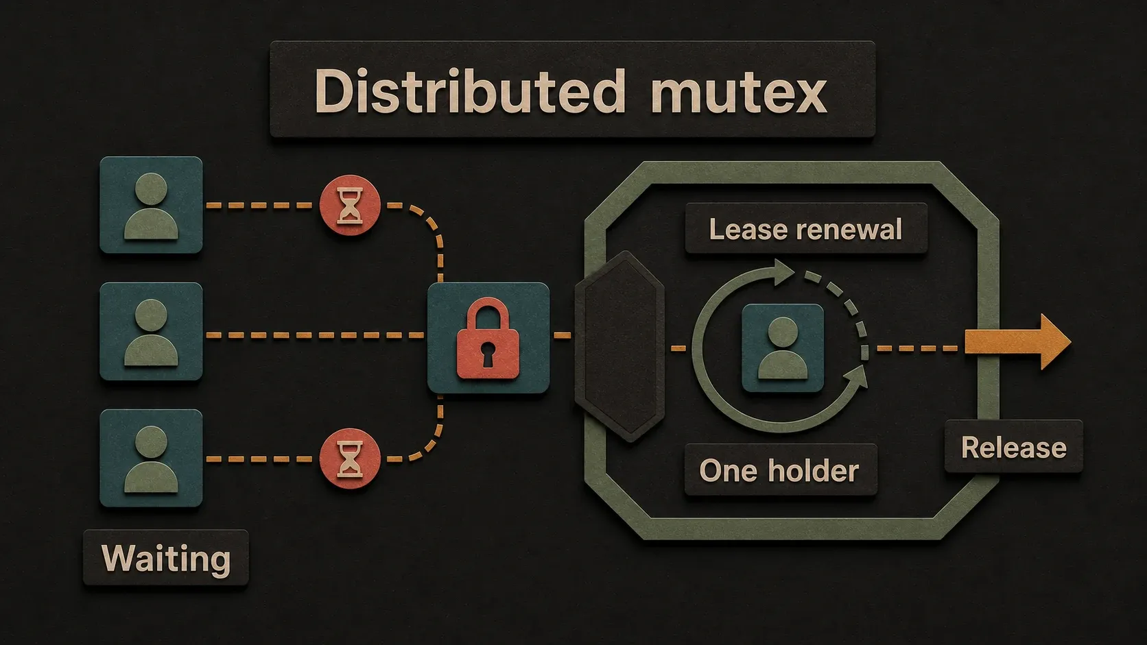 A distributed mutex admits one holder, renews its lease, and releases waiting callers