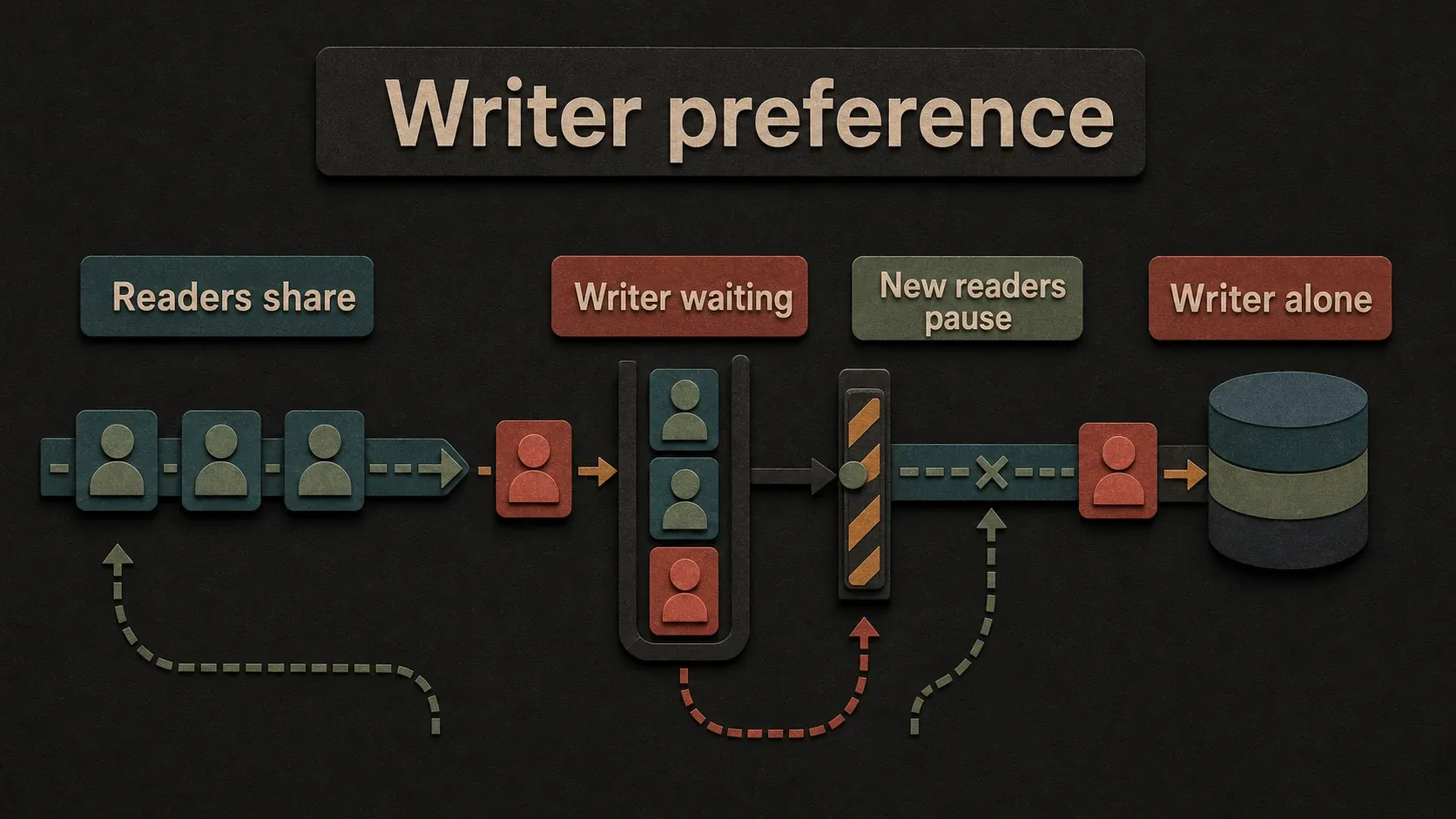 Writer preference lets current readers finish while pausing new readers for a waiting writer
