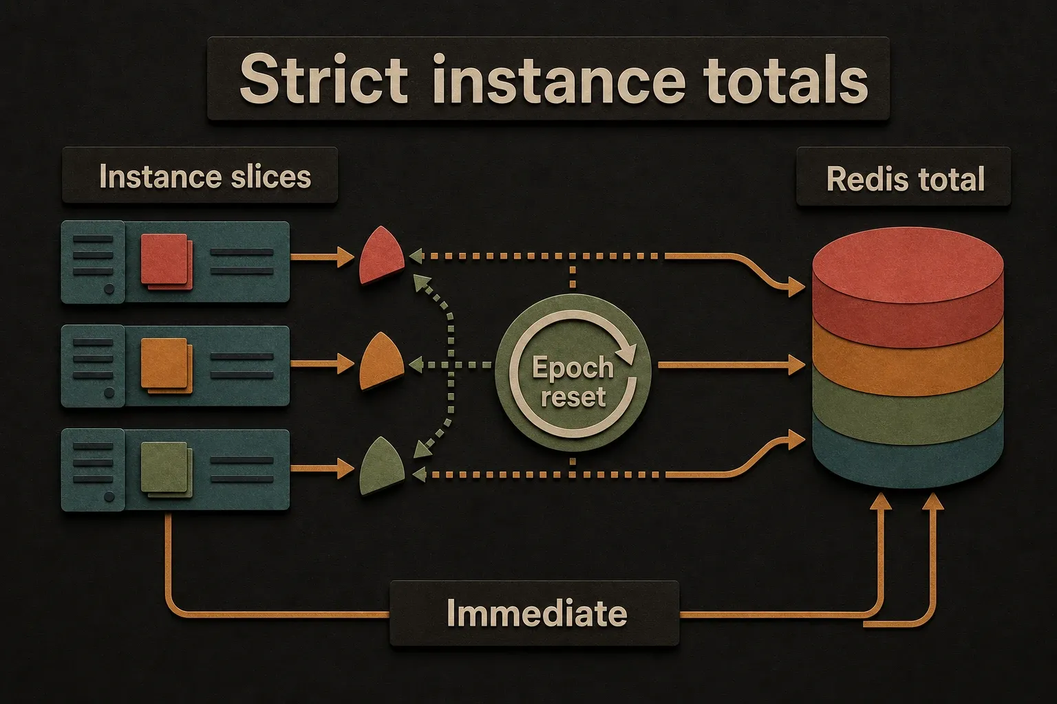 Strict instance slices update Redis immediately and use epochs to reset stale state