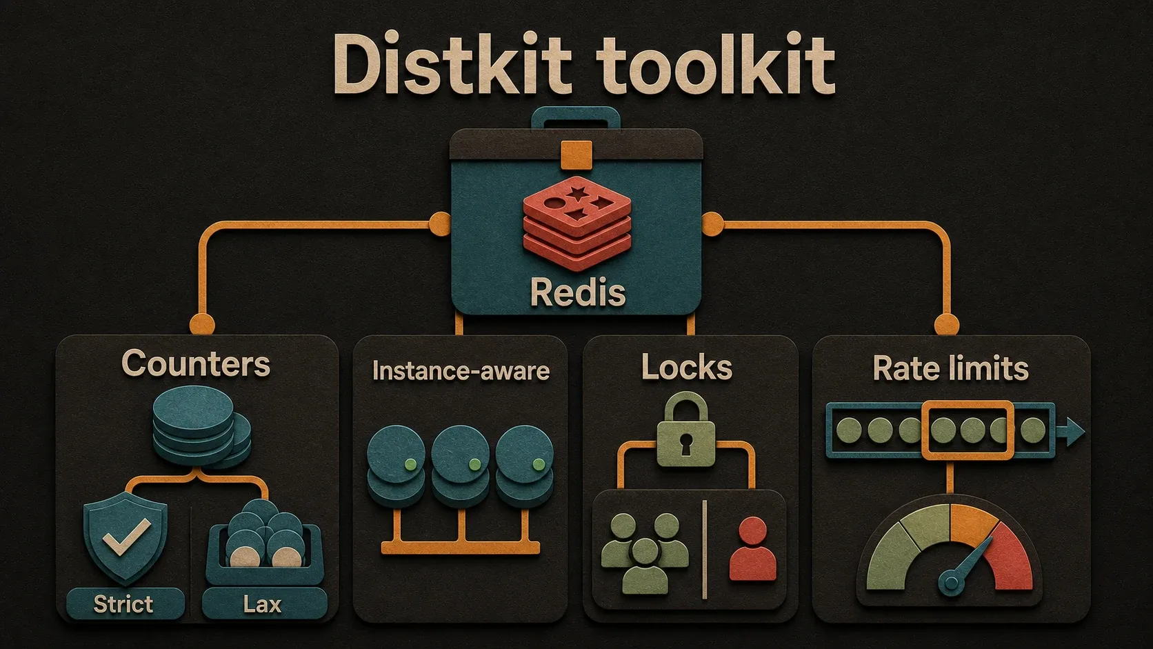 Distkit includes strict and lax counters, instance-aware counters, locks, and rate limiting